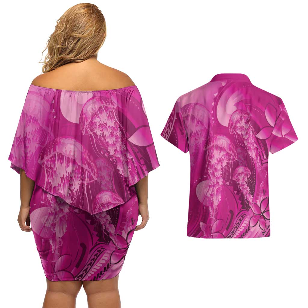 Pink Gradient Polynesia Jellyfish Couples Matching Off Shoulder Short Dress and Hawaiian Shirt Plumeria Polynesian Tattoo Glowing Vibes LT14 - Polynesian Pride