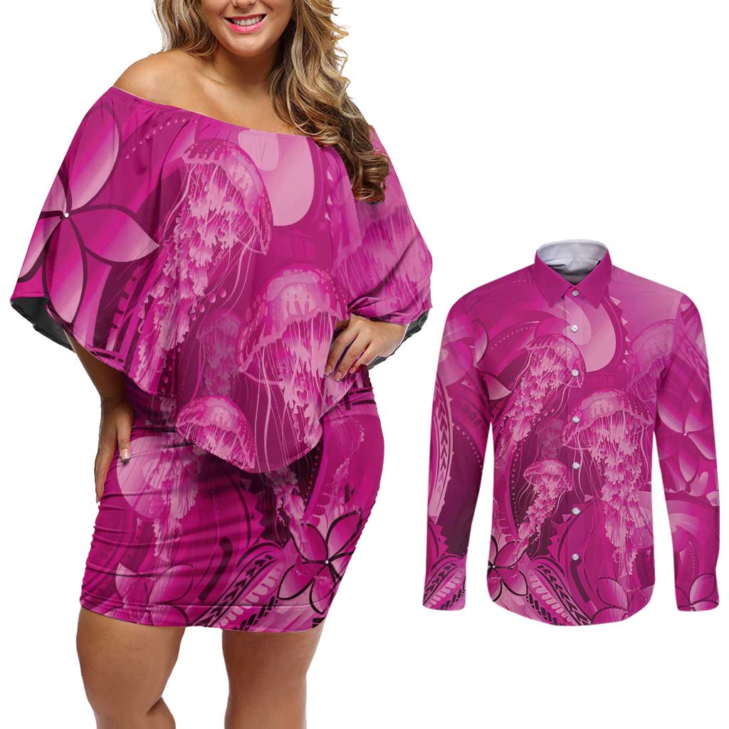 Pink Gradient Polynesia Jellyfish Couples Matching Off Shoulder Short Dress and Long Sleeve Button Shirt Plumeria Polynesian Tattoo Glowing Vibes LT14 Pink - Polynesian Pride