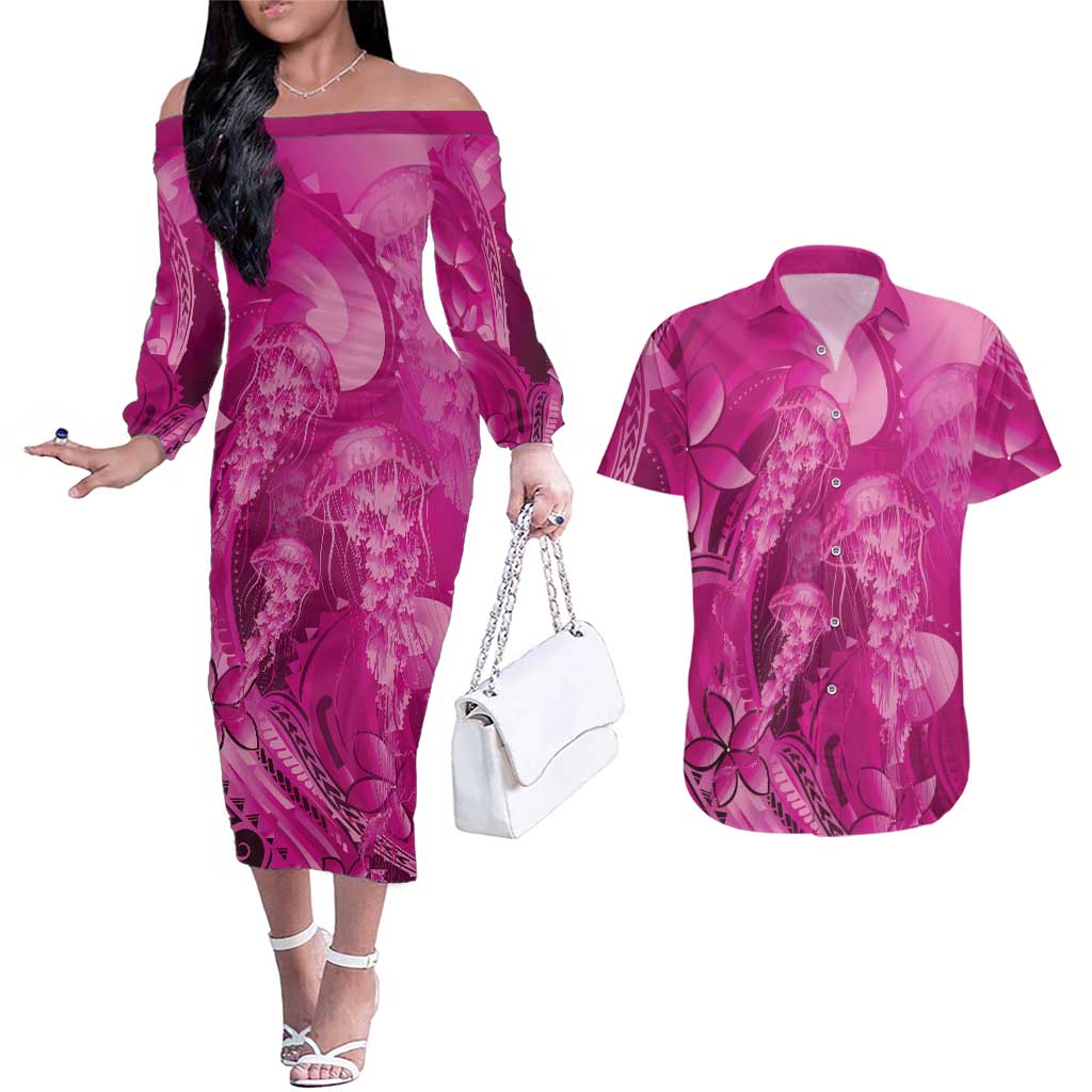 Pink Gradient Polynesia Jellyfish Couples Matching Off The Shoulder Long Sleeve Dress and Hawaiian Shirt Plumeria Polynesian Tattoo Glowing Vibes LT14 Pink - Polynesian Pride