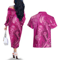 Pink Gradient Polynesia Jellyfish Couples Matching Off The Shoulder Long Sleeve Dress and Hawaiian Shirt Plumeria Polynesian Tattoo Glowing Vibes LT14 - Polynesian Pride