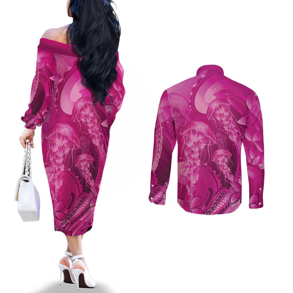 Pink Gradient Polynesia Jellyfish Couples Matching Off The Shoulder Long Sleeve Dress and Long Sleeve Button Shirt Plumeria Polynesian Tattoo Glowing Vibes LT14 - Polynesian Pride