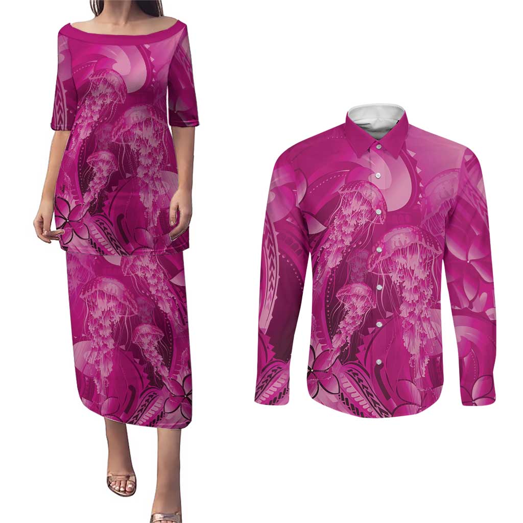 Pink Gradient Polynesia Jellyfish Couples Matching Puletasi and Long Sleeve Button Shirt Plumeria Polynesian Tattoo Glowing Vibes LT14 Pink - Polynesian Pride