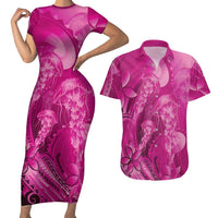 Pink Gradient Polynesia Jellyfish Couples Matching Short Sleeve Bodycon Dress and Hawaiian Shirt Plumeria Polynesian Tattoo Glowing Vibes LT14 Pink - Polynesian Pride