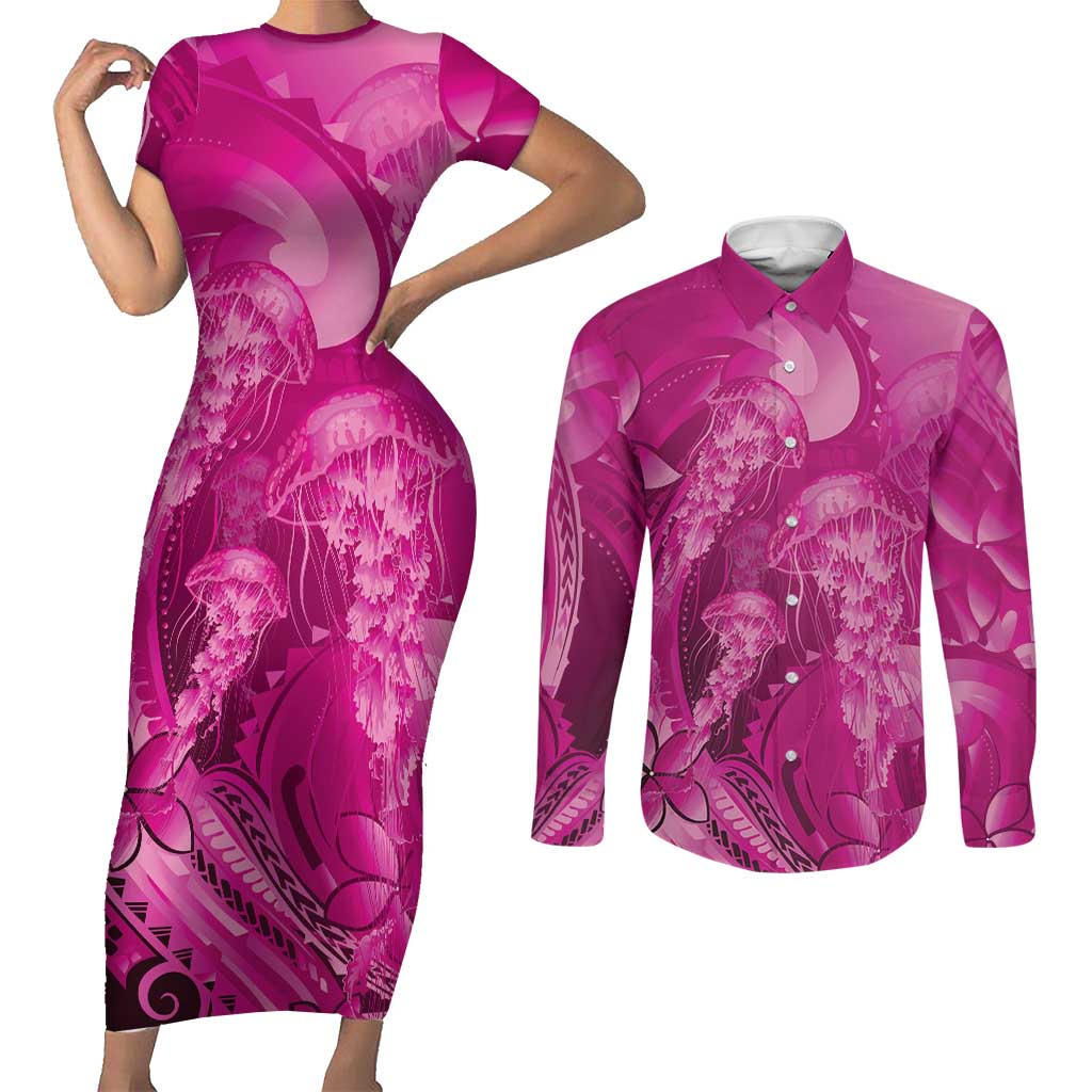 Pink Gradient Polynesia Jellyfish Couples Matching Short Sleeve Bodycon Dress and Long Sleeve Button Shirt Plumeria Polynesian Tattoo Glowing Vibes LT14 Pink - Polynesian Pride