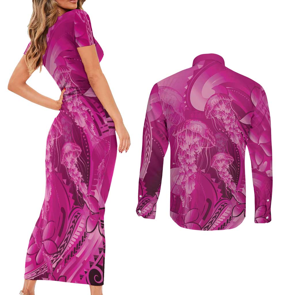 Pink Gradient Polynesia Jellyfish Couples Matching Short Sleeve Bodycon Dress and Long Sleeve Button Shirt Plumeria Polynesian Tattoo Glowing Vibes LT14 - Polynesian Pride