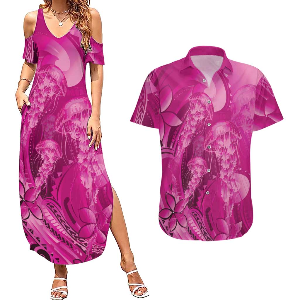 Pink Gradient Polynesia Jellyfish Couples Matching Summer Maxi Dress and Hawaiian Shirt Plumeria Polynesian Tattoo Glowing Vibes LT14 Pink - Polynesian Pride