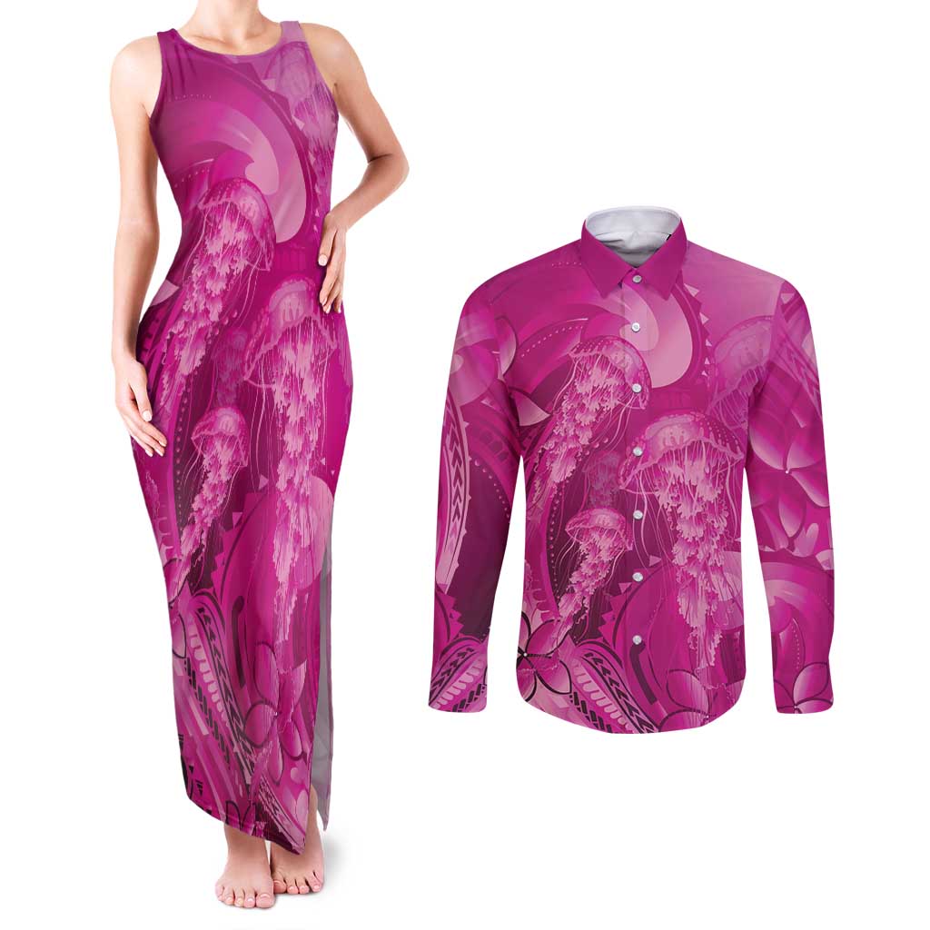 Pink Gradient Polynesia Jellyfish Couples Matching Tank Maxi Dress and Long Sleeve Button Shirt Plumeria Polynesian Tattoo Glowing Vibes LT14 Pink - Polynesian Pride