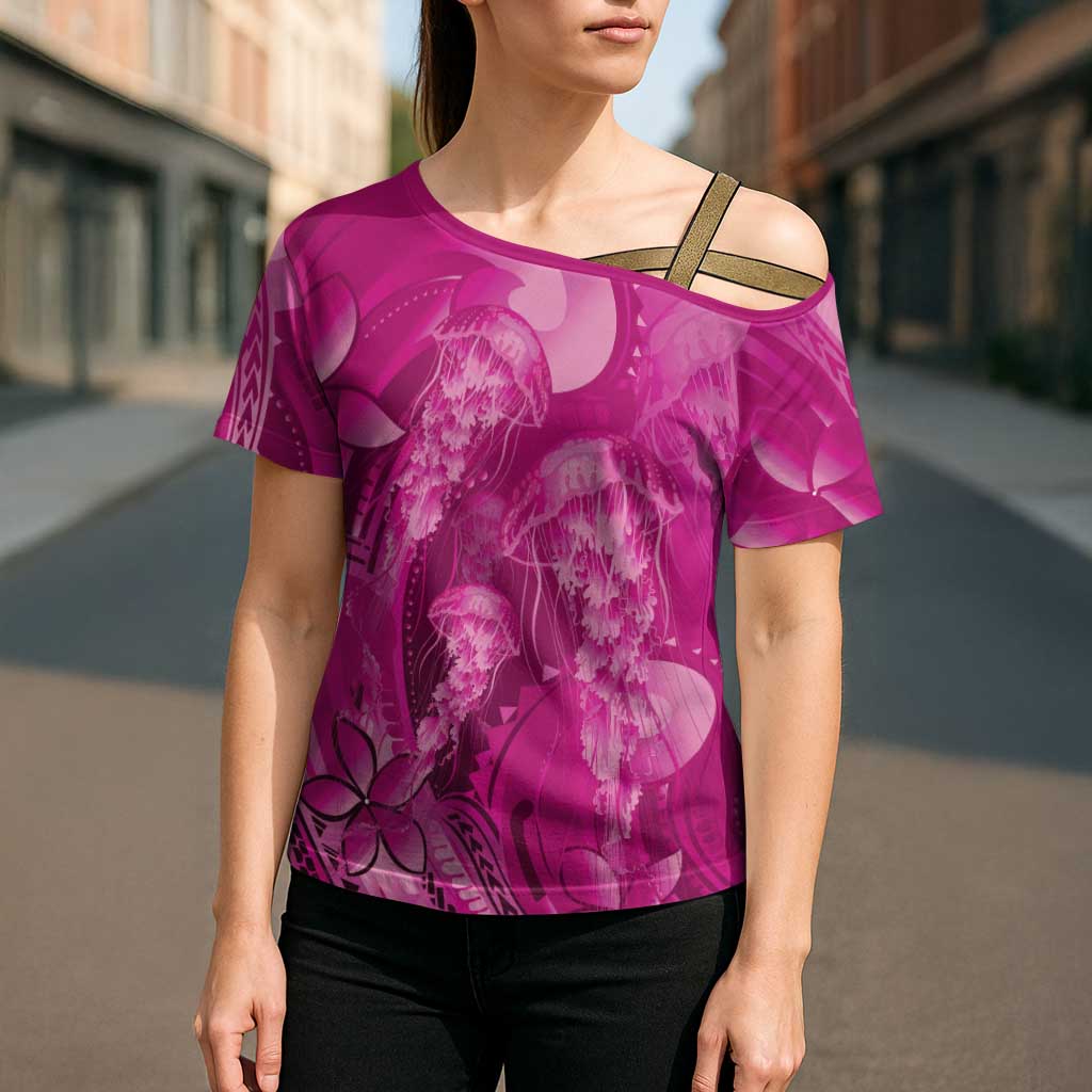 Pink Gradient Polynesia Jellyfish Cross Shoulder Shirt Plumeria Polynesian Tattoo Glowing Vibes LT14 - Polynesian Pride