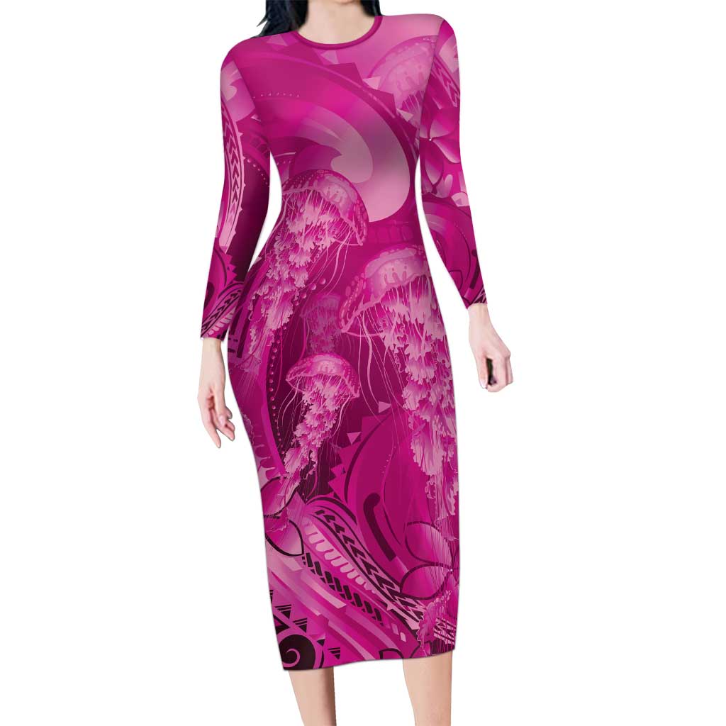 Pink Gradient Polynesia Jellyfish Family Matching Long Sleeve Bodycon Dress and Hawaiian Shirt Plumeria Polynesian Tattoo Glowing Vibes LT14 Mom's Dress Pink - Polynesian Pride