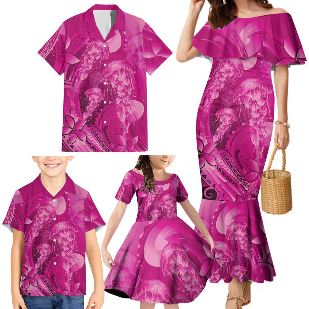 Pink Gradient Polynesia Jellyfish Family Matching Mermaid Dress and Hawaiian Shirt Plumeria Polynesian Tattoo Glowing Vibes LT14 - Polynesian Pride