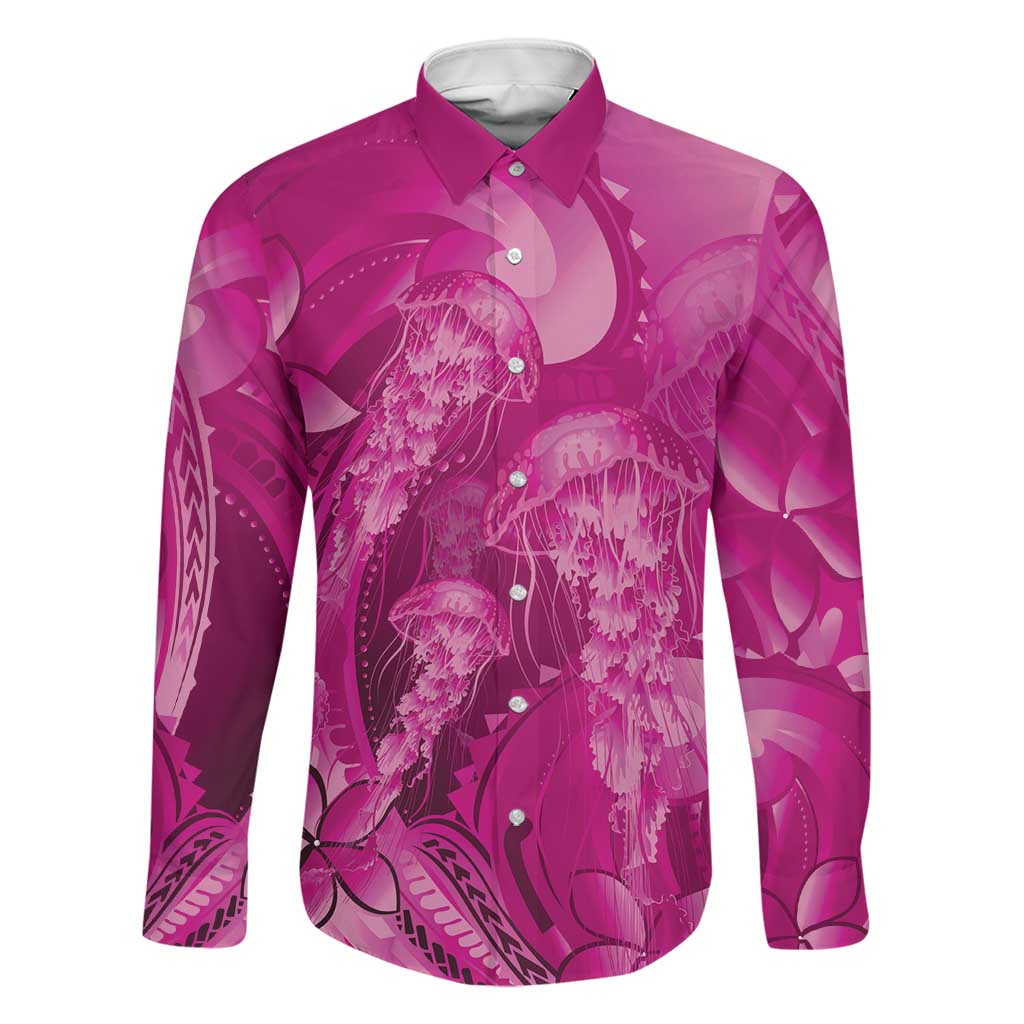 Pink Gradient Polynesia Jellyfish Family Matching Off The Shoulder Long Sleeve Dress and Hawaiian Shirt Plumeria Polynesian Tattoo Glowing Vibes LT14 Dad's Shirt - Long Sleeve Pink - Polynesian Pride