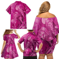 Pink Gradient Polynesia Jellyfish Family Matching Off Shoulder Short Dress and Hawaiian Shirt Plumeria Polynesian Tattoo Glowing Vibes LT14 - Polynesian Pride