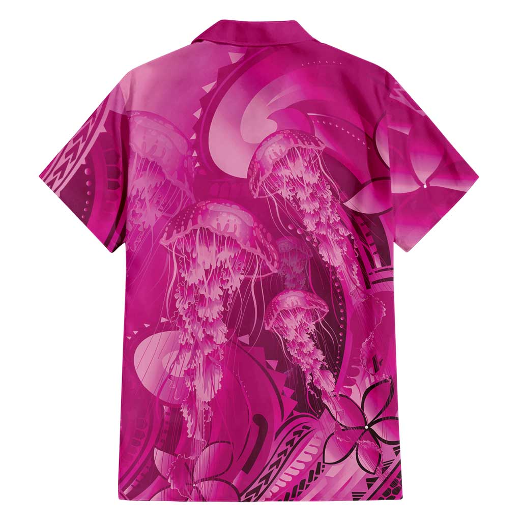 Pink Gradient Polynesia Jellyfish Family Matching Off Shoulder Short Dress and Hawaiian Shirt Plumeria Polynesian Tattoo Glowing Vibes LT14 - Polynesian Pride