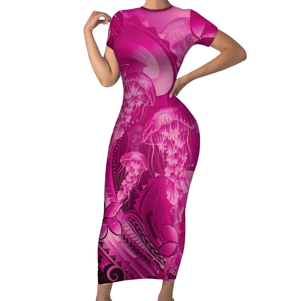 Pink Gradient Polynesia Jellyfish Family Matching Short Sleeve Bodycon Dress and Hawaiian Shirt Plumeria Polynesian Tattoo Glowing Vibes LT14 Mom's Dress Pink - Polynesian Pride