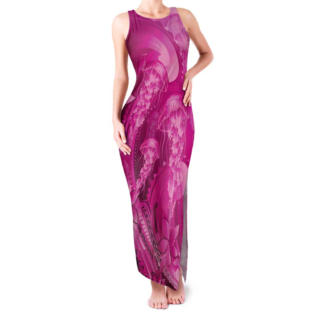 Pink Gradient Polynesia Jellyfish Family Matching Tank Maxi Dress and Hawaiian Shirt Plumeria Polynesian Tattoo Glowing Vibes LT14 Mom's Dress Pink - Polynesian Pride