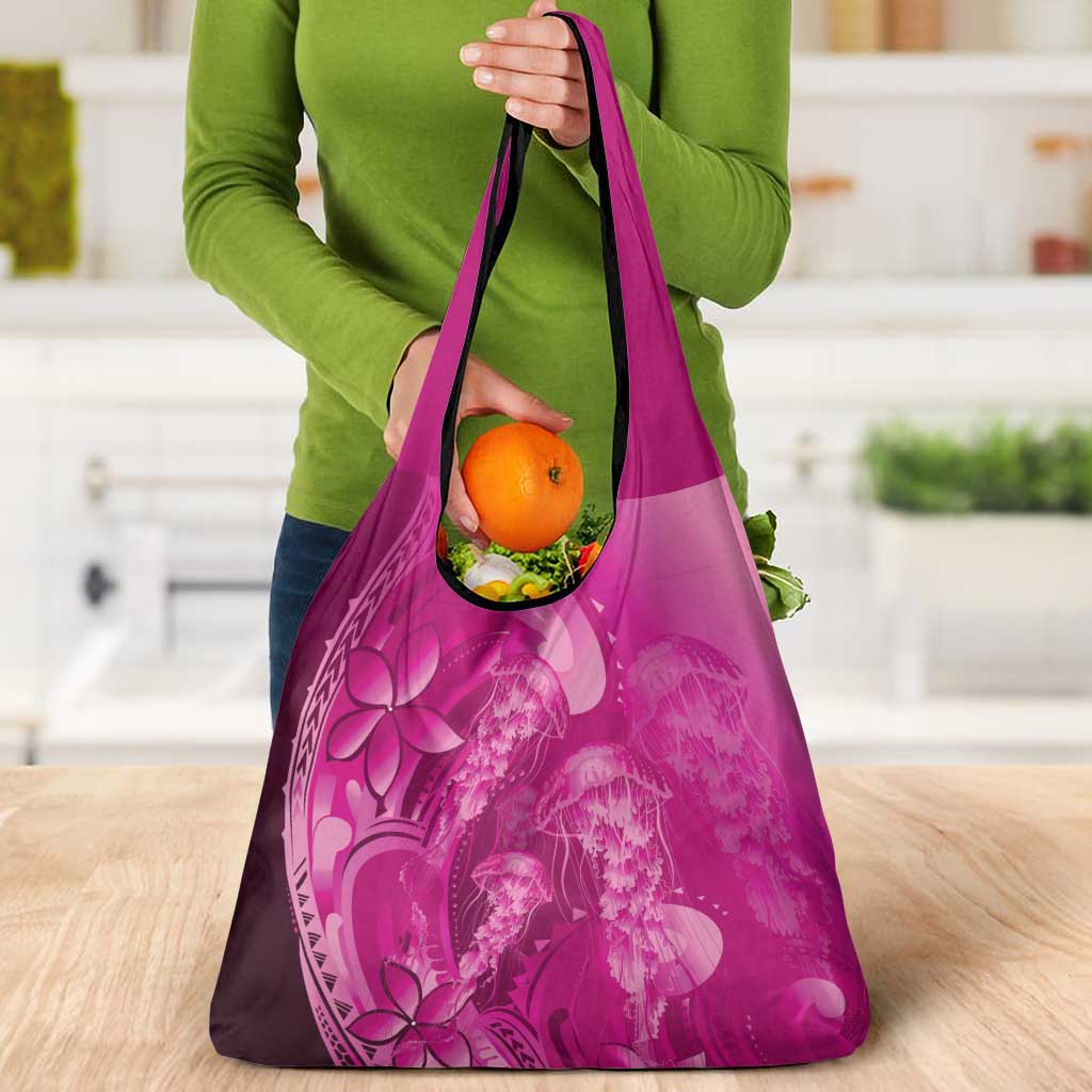 Pink Gradient Polynesia Jellyfish Grocery Bag Plumeria Polynesian Tattoo Glowing Vibes