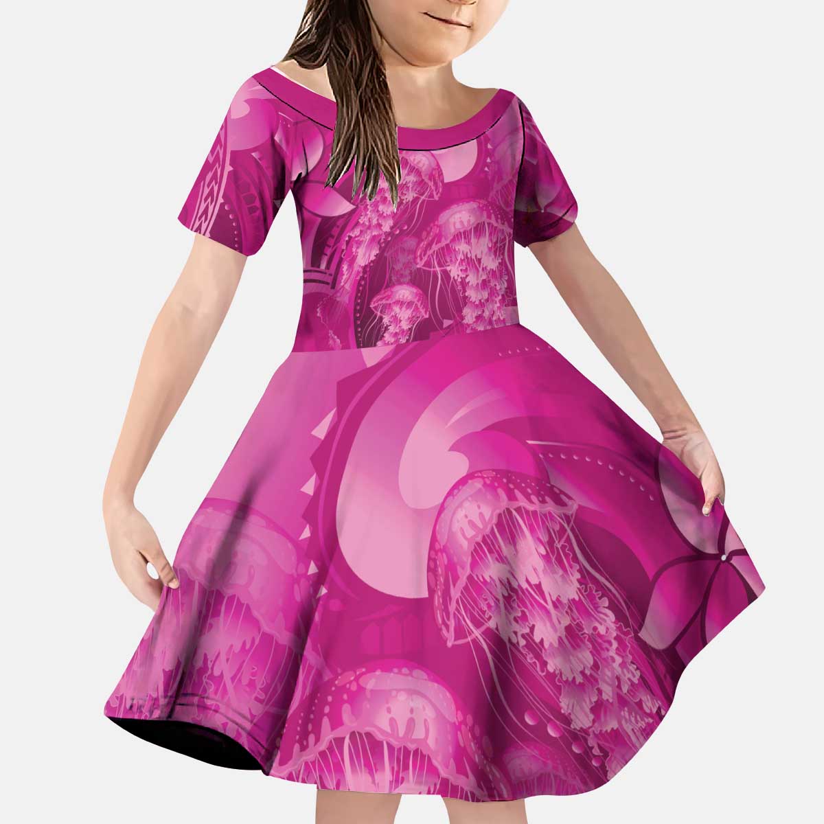 Pink Gradient Polynesia Jellyfish Kid Short Sleeve Dress Plumeria Polynesian Tattoo Glowing Vibes