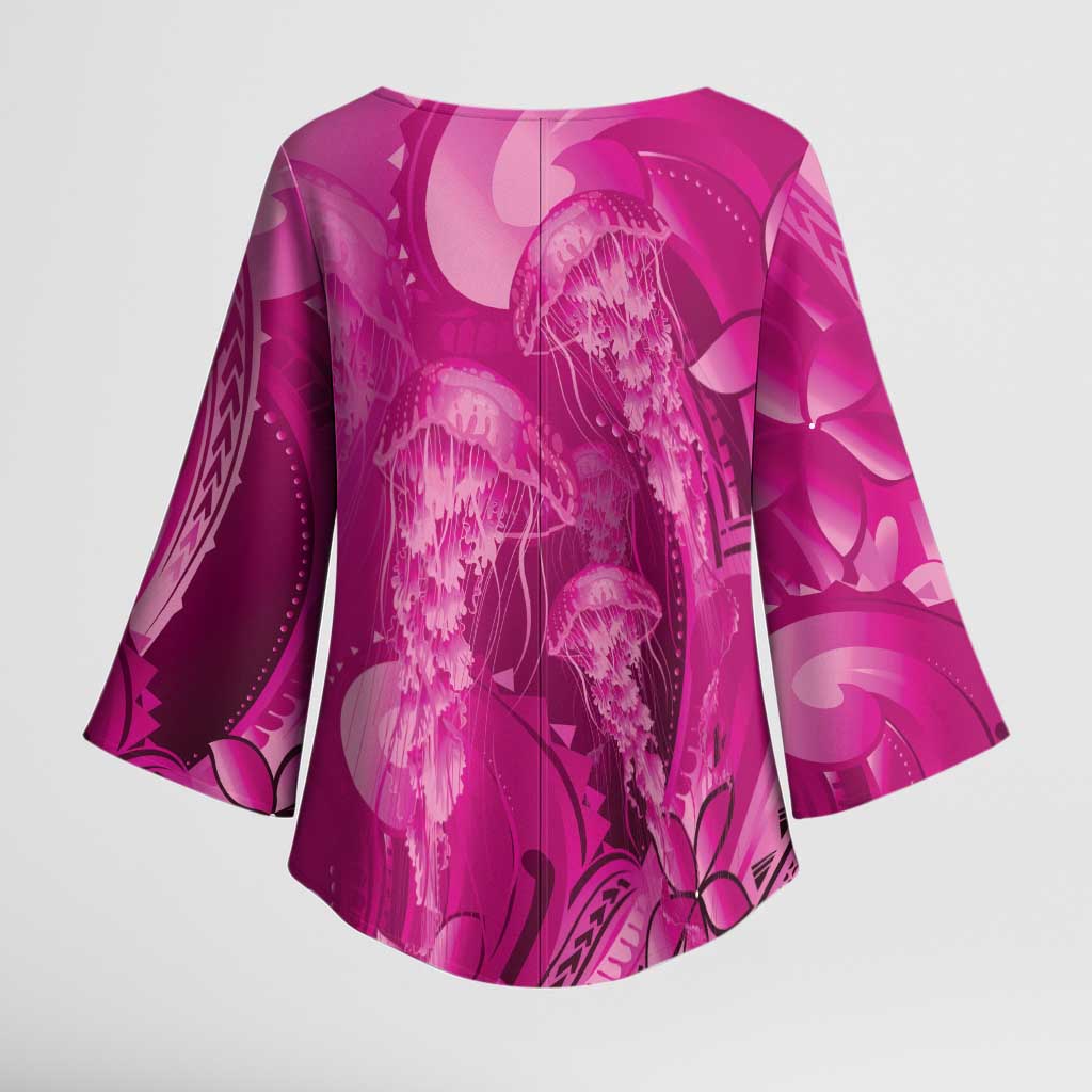 Pink Gradient Polynesia Jellyfish Kimono Sleeve Blouse Plumeria Polynesian Tattoo Glowing Vibes
