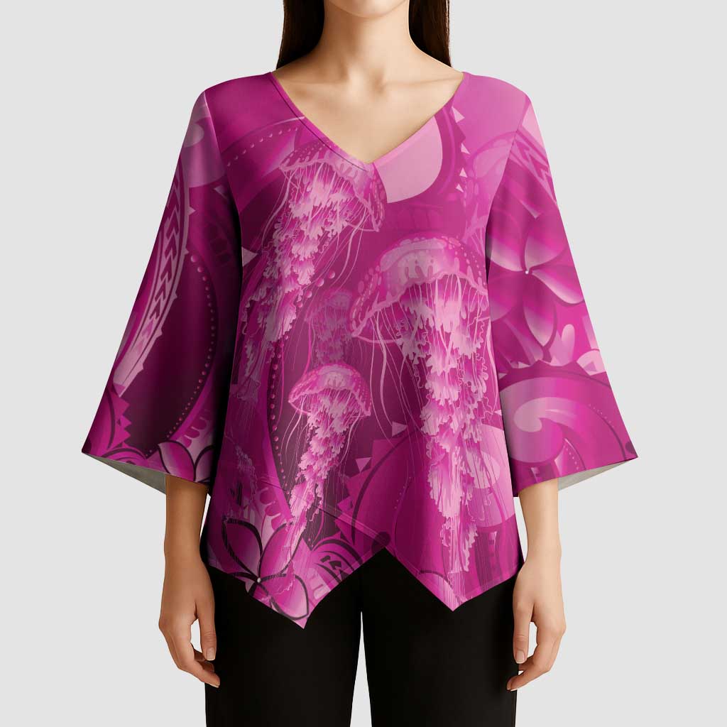 Pink Gradient Polynesia Jellyfish Kimono Sleeve Blouse Plumeria Polynesian Tattoo Glowing Vibes