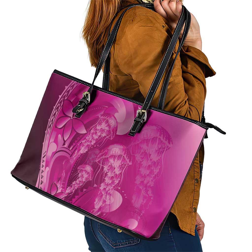 Pink Gradient Polynesia Jellyfish Leather Tote Bag Plumeria Polynesian Tattoo Glowing Vibes