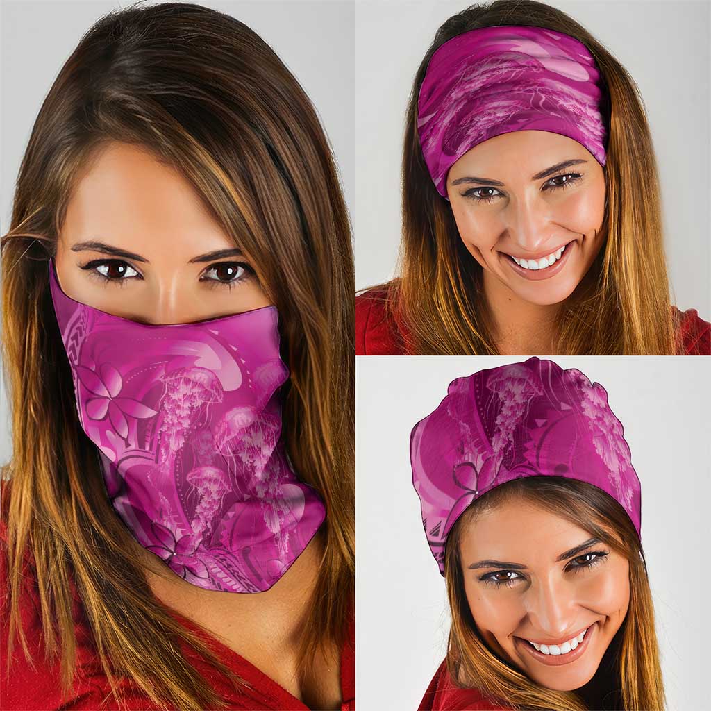 Pink Gradient Polynesia Jellyfish Neck Gaiter Plumeria Polynesian Tattoo Glowing Vibes