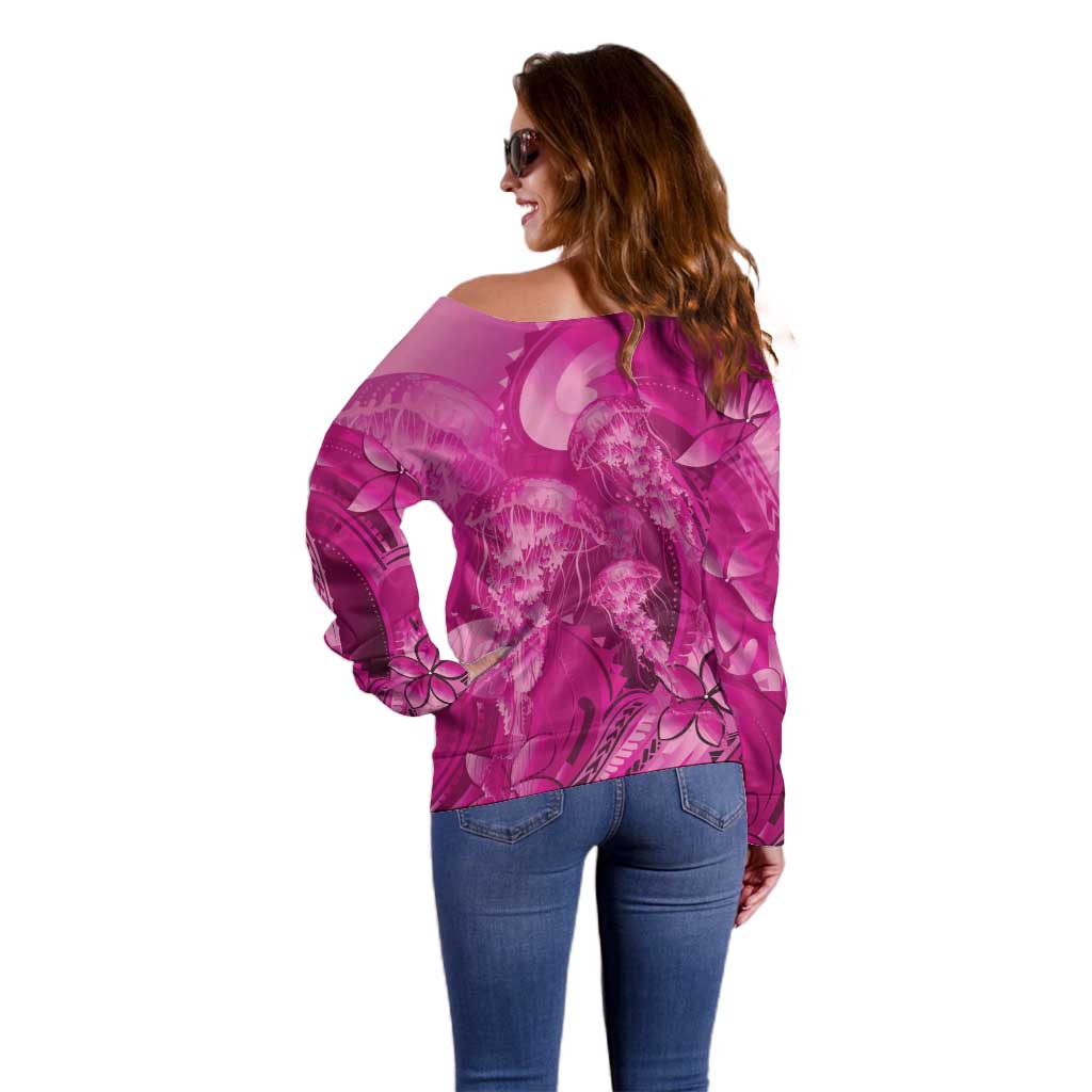 Pink Gradient Polynesia Jellyfish Off Shoulder Sweater Plumeria Polynesian Tattoo Glowing Vibes