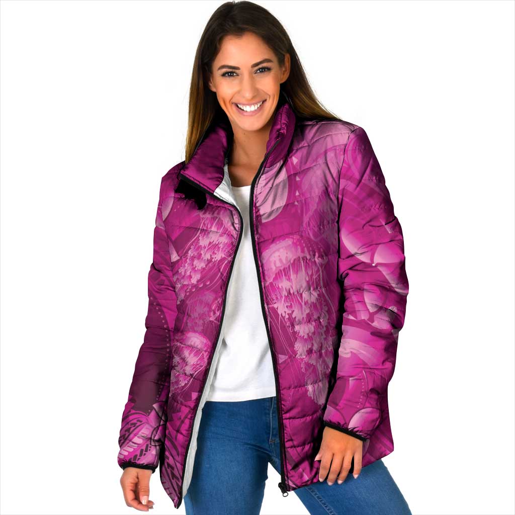 Pink Gradient Polynesia Jellyfish Padded Jacket Plumeria Polynesian Tattoo Glowing Vibes