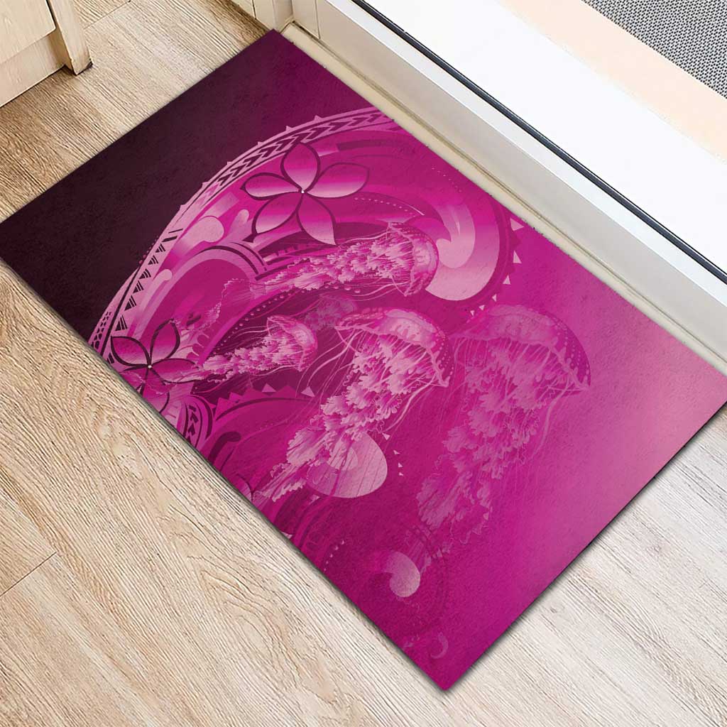 Pink Gradient Polynesia Jellyfish Rubber Doormat Plumeria Polynesian Tattoo Glowing Vibes