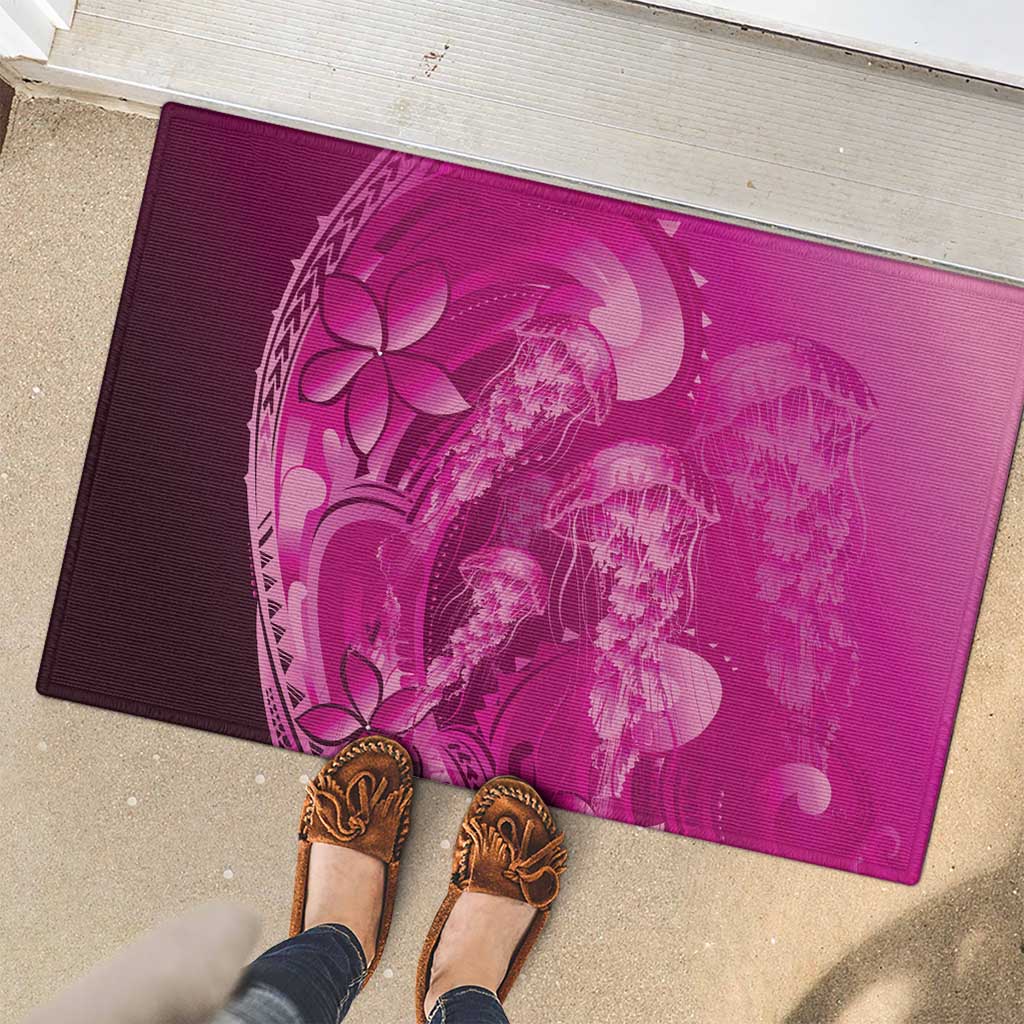 Pink Gradient Polynesia Jellyfish Rubber Doormat Plumeria Polynesian Tattoo Glowing Vibes