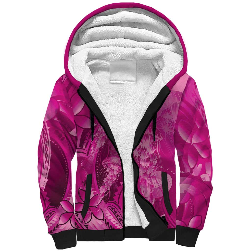 Pink Gradient Polynesia Jellyfish Sherpa Hoodie Plumeria Polynesian Tattoo Glowing Vibes