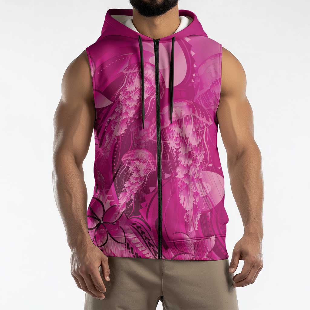 Pink Gradient Polynesia Jellyfish Sleeveless Zip Hoodie Plumeria Polynesian Tattoo Glowing Vibes