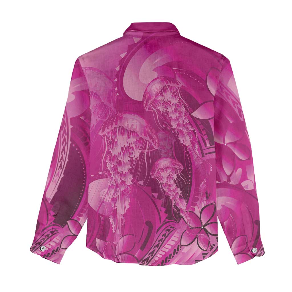 Pink Gradient Polynesia Jellyfish Women Casual Shirt Plumeria Polynesian Tattoo Glowing Vibes