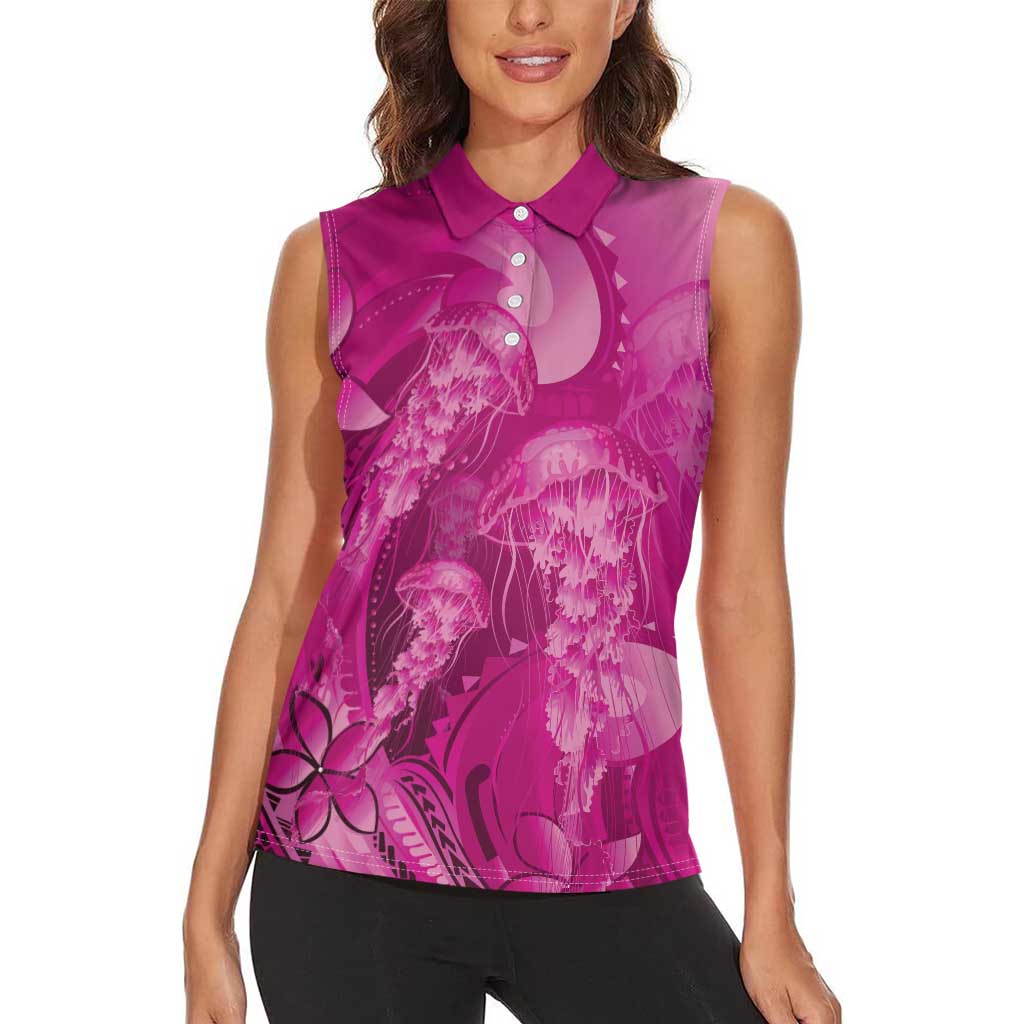 Pink Gradient Polynesia Jellyfish Women Sleeveless Polo Shirt Plumeria Polynesian Tattoo Glowing Vibes