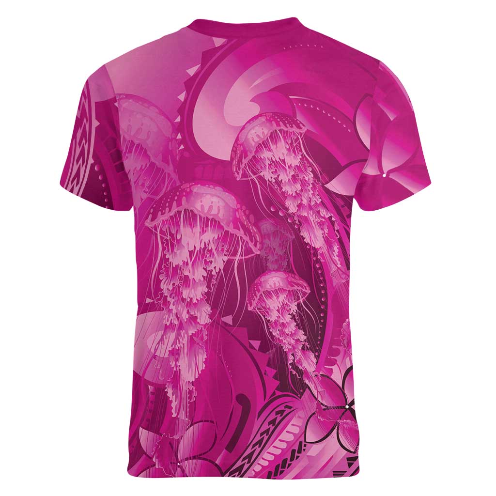 Pink Gradient Polynesia Jellyfish Women V-Neck T-Shirt Plumeria Polynesian Tattoo Glowing Vibes