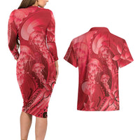 Red Gradient Polynesia Jellyfish Couples Matching Long Sleeve Bodycon Dress and Hawaiian Shirt Plumeria Polynesian Tattoo Glowing Vibes LT14 - Polynesian Pride