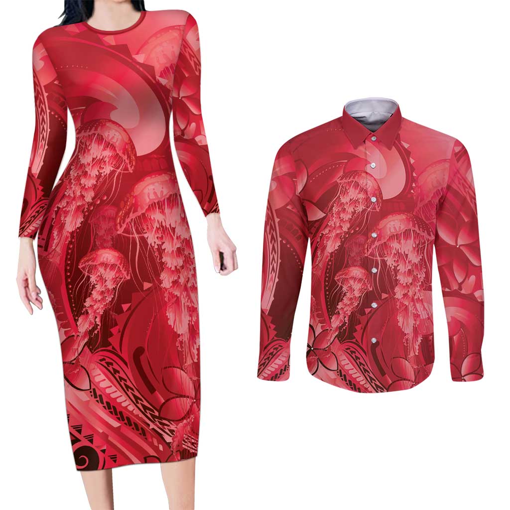 Red Gradient Polynesia Jellyfish Couples Matching Long Sleeve Bodycon Dress and Long Sleeve Button Shirt Plumeria Polynesian Tattoo Glowing Vibes LT14 Red - Polynesian Pride