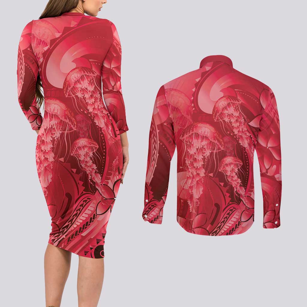 Red Gradient Polynesia Jellyfish Couples Matching Long Sleeve Bodycon Dress and Long Sleeve Button Shirt Plumeria Polynesian Tattoo Glowing Vibes LT14 - Polynesian Pride