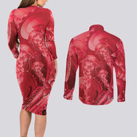 Red Gradient Polynesia Jellyfish Couples Matching Long Sleeve Bodycon Dress and Long Sleeve Button Shirt Plumeria Polynesian Tattoo Glowing Vibes LT14 - Polynesian Pride