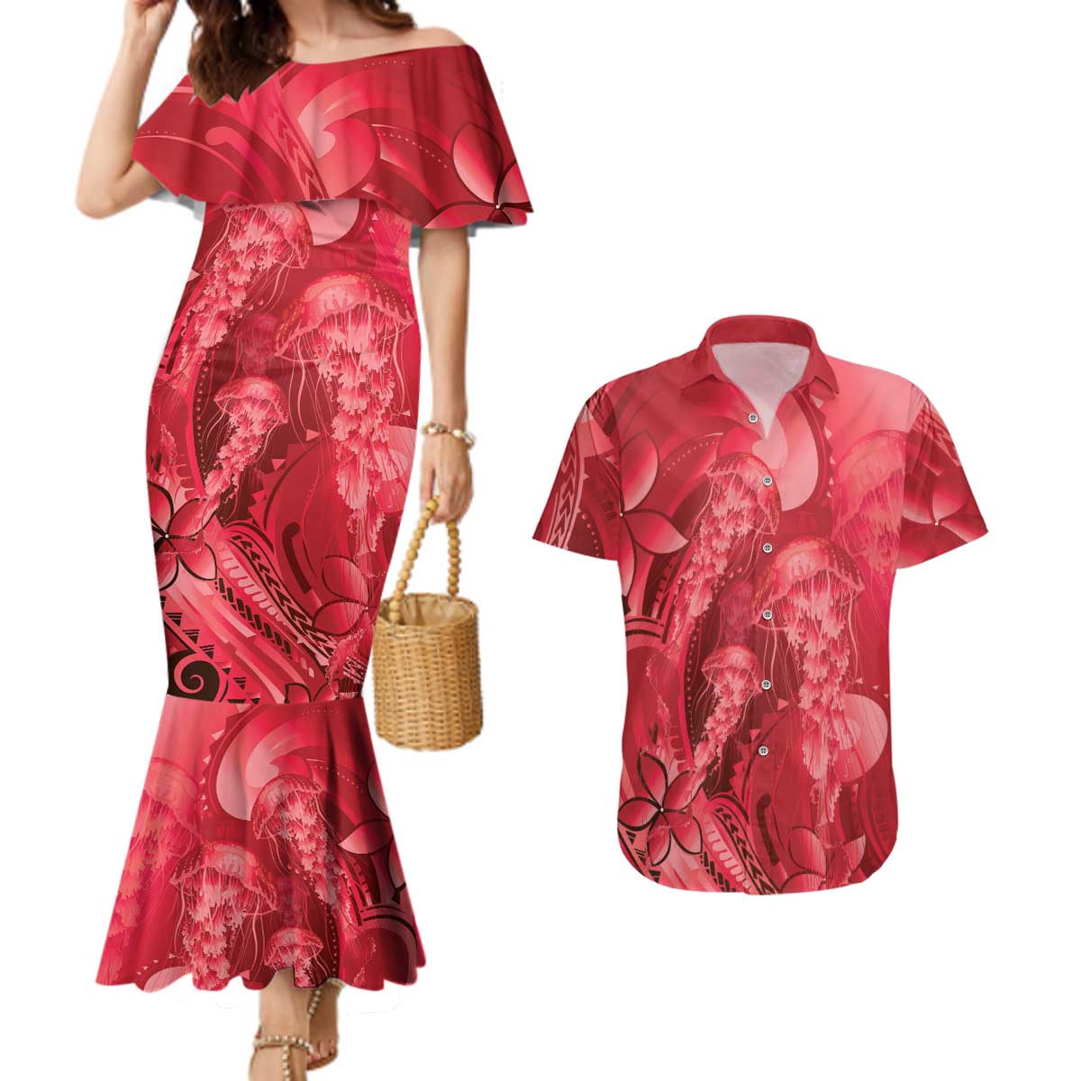Red Gradient Polynesia Jellyfish Couples Matching Mermaid Dress and Hawaiian Shirt Plumeria Polynesian Tattoo Glowing Vibes LT14 Red - Polynesian Pride