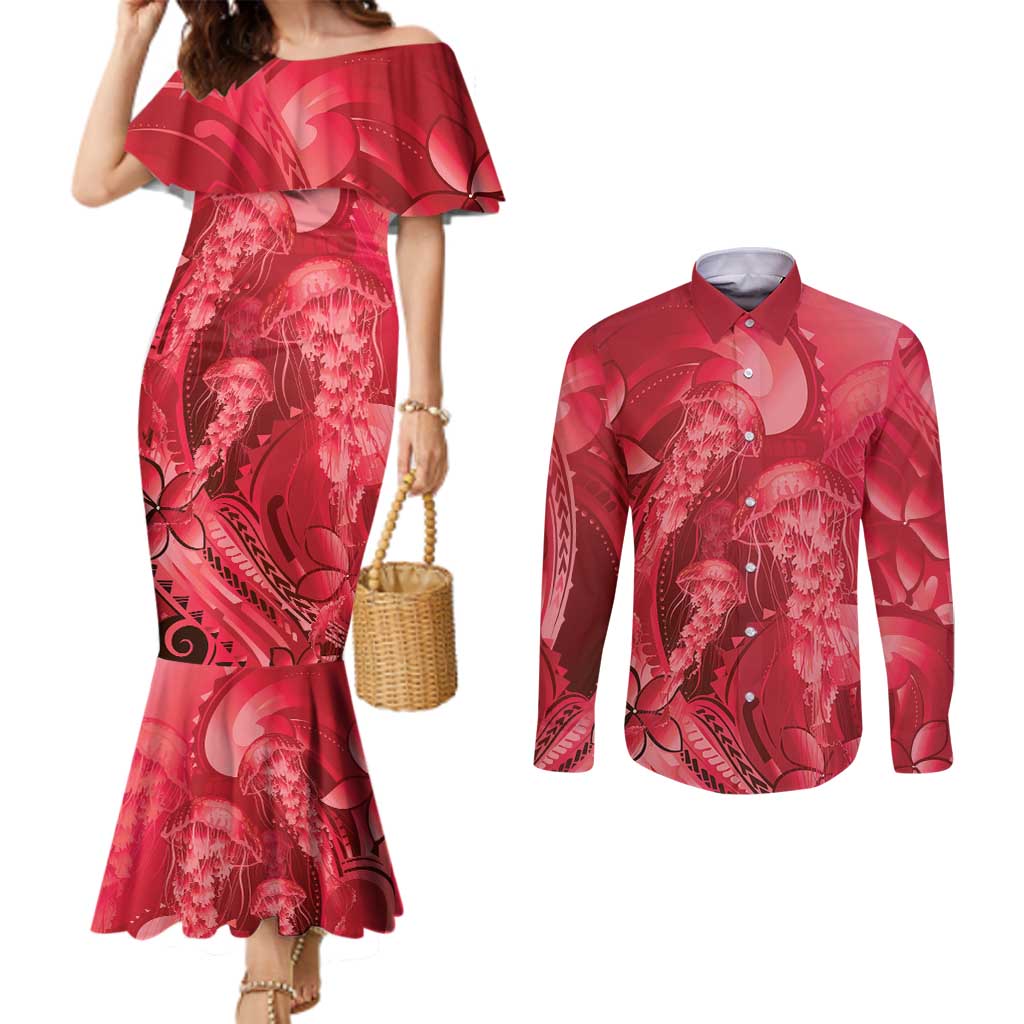 Red Gradient Polynesia Jellyfish Couples Matching Mermaid Dress and Long Sleeve Button Shirt Plumeria Polynesian Tattoo Glowing Vibes LT14 Red - Polynesian Pride
