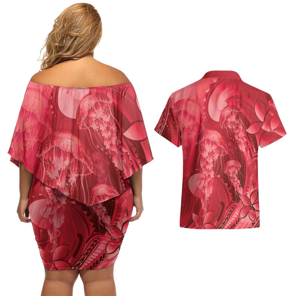 Red Gradient Polynesia Jellyfish Couples Matching Off Shoulder Short Dress and Hawaiian Shirt Plumeria Polynesian Tattoo Glowing Vibes LT14 - Polynesian Pride