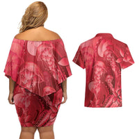 Red Gradient Polynesia Jellyfish Couples Matching Off Shoulder Short Dress and Hawaiian Shirt Plumeria Polynesian Tattoo Glowing Vibes LT14 - Polynesian Pride