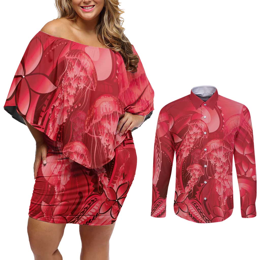 Red Gradient Polynesia Jellyfish Couples Matching Off Shoulder Short Dress and Long Sleeve Button Shirt Plumeria Polynesian Tattoo Glowing Vibes LT14 Red - Polynesian Pride