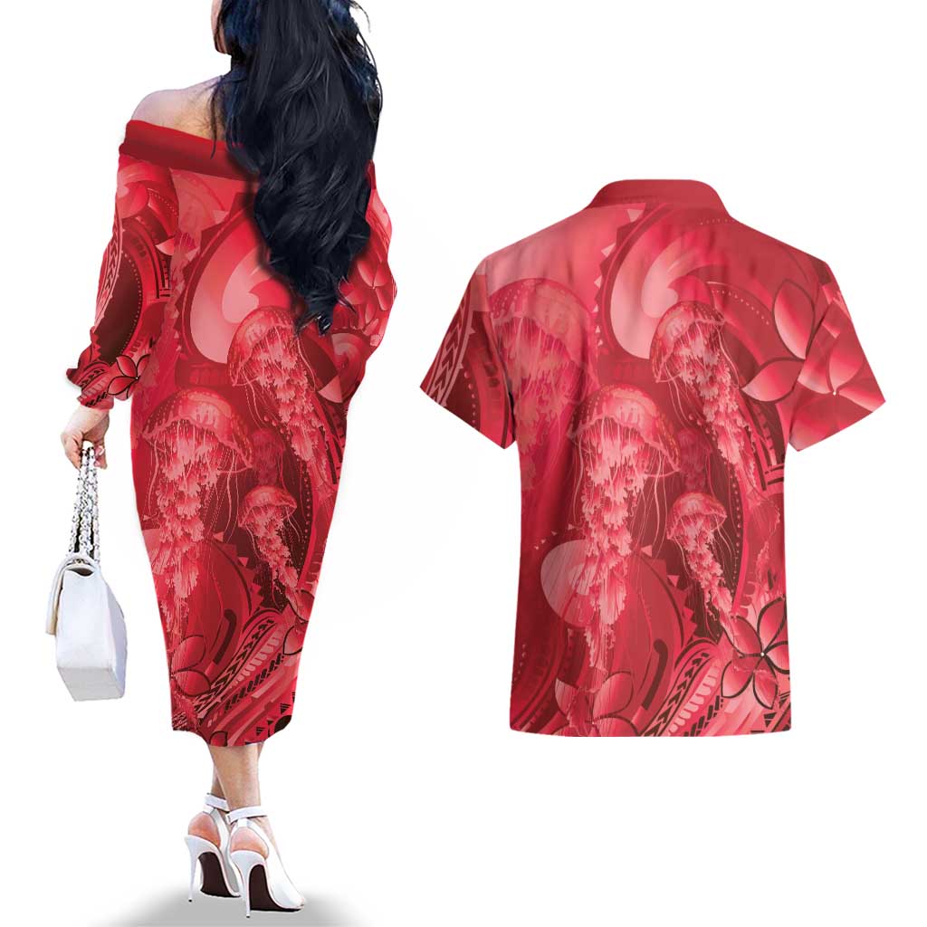 Red Gradient Polynesia Jellyfish Couples Matching Off The Shoulder Long Sleeve Dress and Hawaiian Shirt Plumeria Polynesian Tattoo Glowing Vibes LT14 - Polynesian Pride