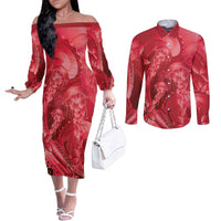 Red Gradient Polynesia Jellyfish Couples Matching Off The Shoulder Long Sleeve Dress and Long Sleeve Button Shirt Plumeria Polynesian Tattoo Glowing Vibes LT14 Red - Polynesian Pride