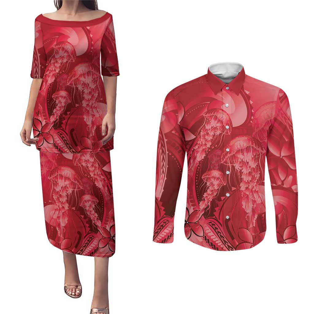 Red Gradient Polynesia Jellyfish Couples Matching Puletasi and Long Sleeve Button Shirt Plumeria Polynesian Tattoo Glowing Vibes LT14 Red - Polynesian Pride
