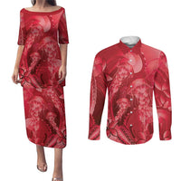 Red Gradient Polynesia Jellyfish Couples Matching Puletasi and Long Sleeve Button Shirt Plumeria Polynesian Tattoo Glowing Vibes
