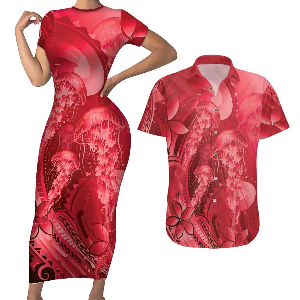 Red Gradient Polynesia Jellyfish Couples Matching Short Sleeve Bodycon Dress and Hawaiian Shirt Plumeria Polynesian Tattoo Glowing Vibes LT14 Red - Polynesian Pride