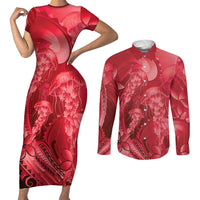 Red Gradient Polynesia Jellyfish Couples Matching Short Sleeve Bodycon Dress and Long Sleeve Button Shirt Plumeria Polynesian Tattoo Glowing Vibes LT14 Red - Polynesian Pride