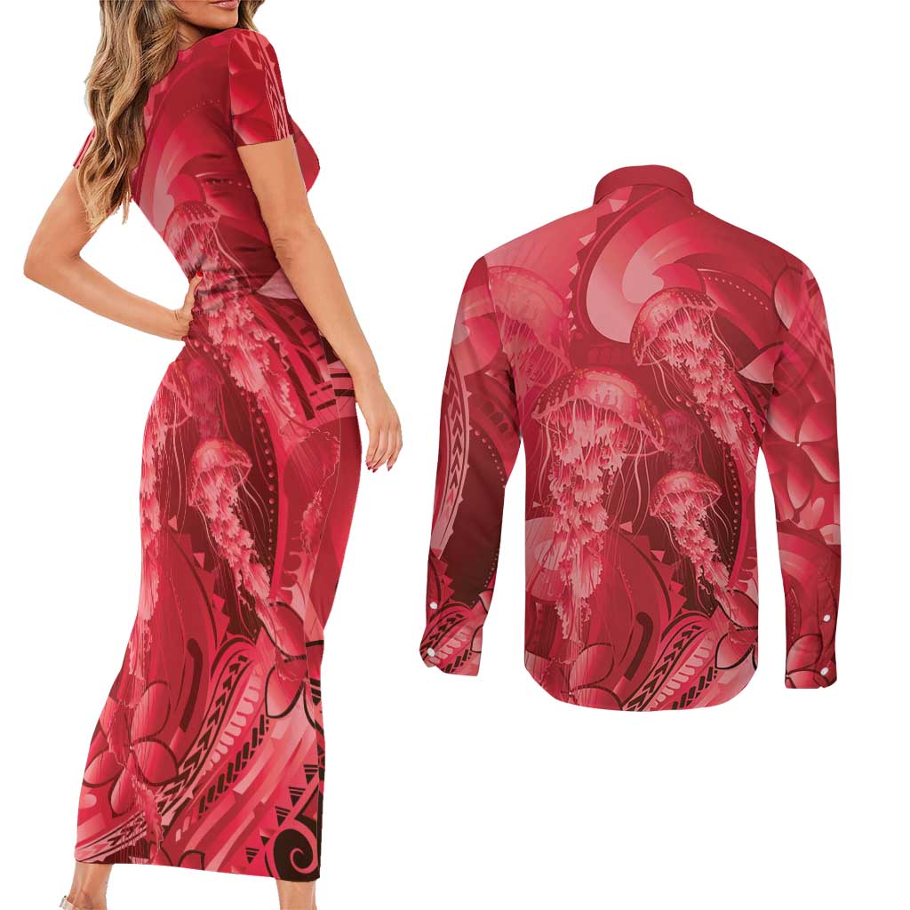 Red Gradient Polynesia Jellyfish Couples Matching Short Sleeve Bodycon Dress and Long Sleeve Button Shirt Plumeria Polynesian Tattoo Glowing Vibes LT14 - Polynesian Pride